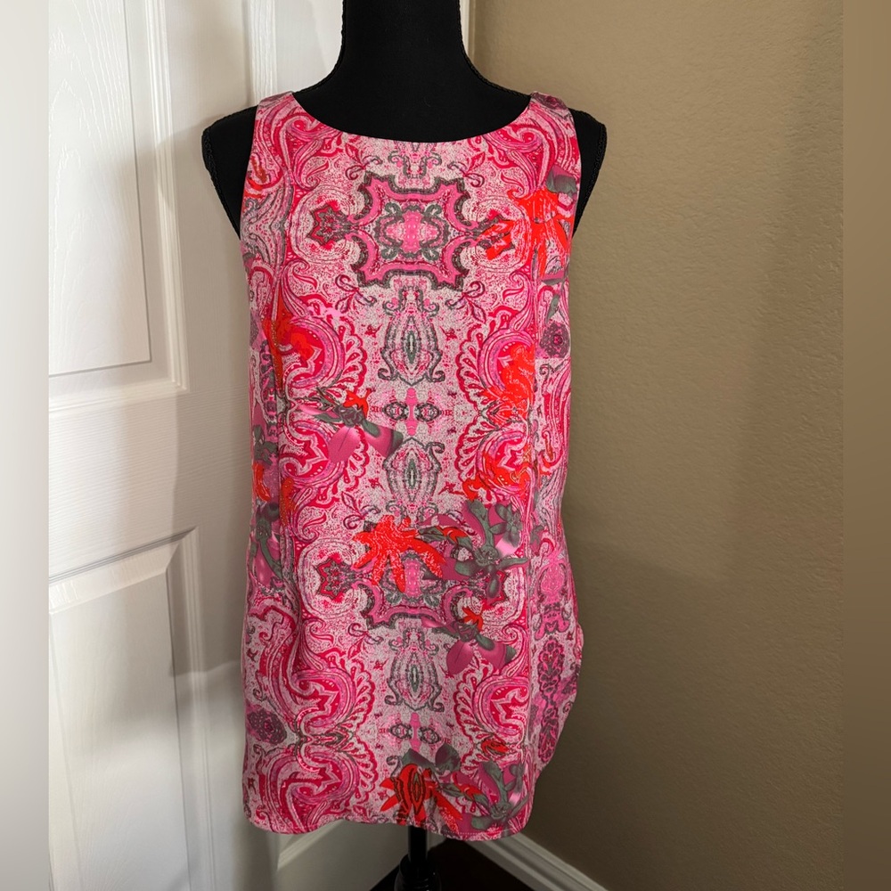 CAbi Pink and Red Patterned Blouse